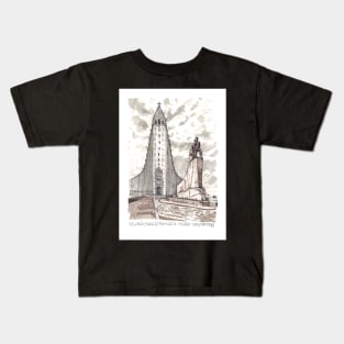 Hallgrímskirkja Church, Reykjavík, Iceland Ink Drawing Kids T-Shirt